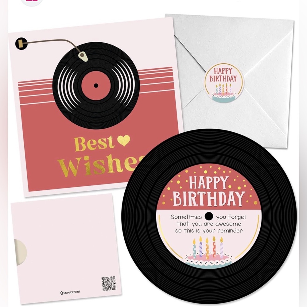 Vinyl Record Birthday Card Set - Black and Pink